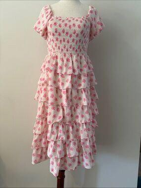 Girls' Pink Floral Tiered Ruffle Dress with Smocked Bodice